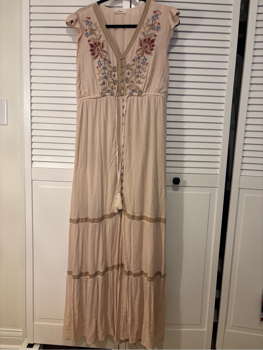 Boho Blush Embroidered Maxi Dress with Tassel Tie